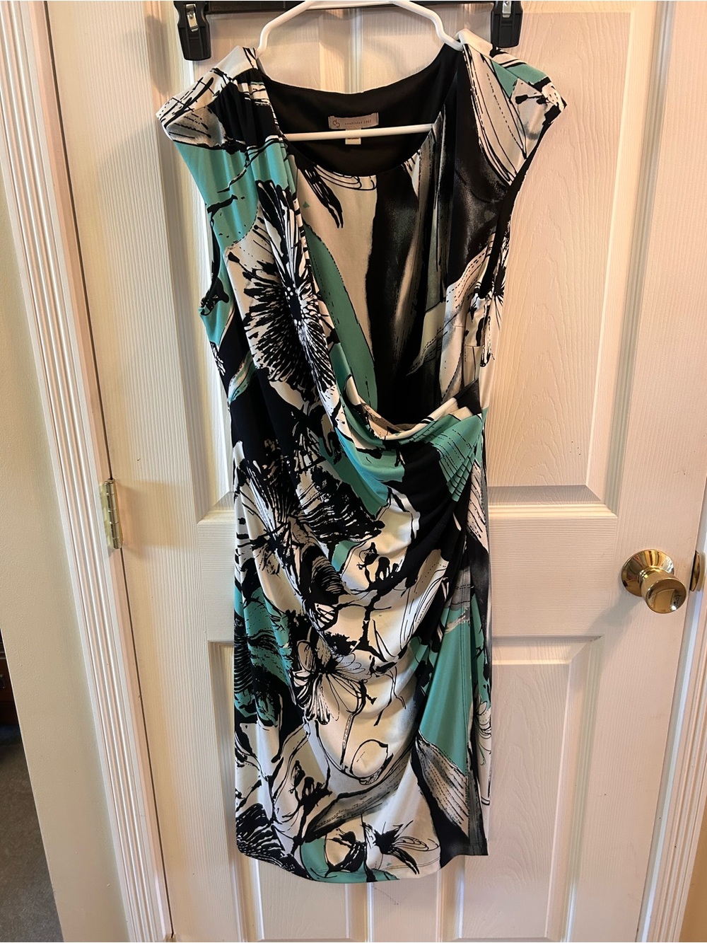 Dress Barn Teal, Black & White Floral Drape Midi Dress